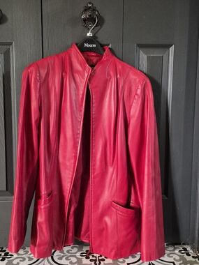 Danier Red Leather Bomber Jacket with Stand Collar